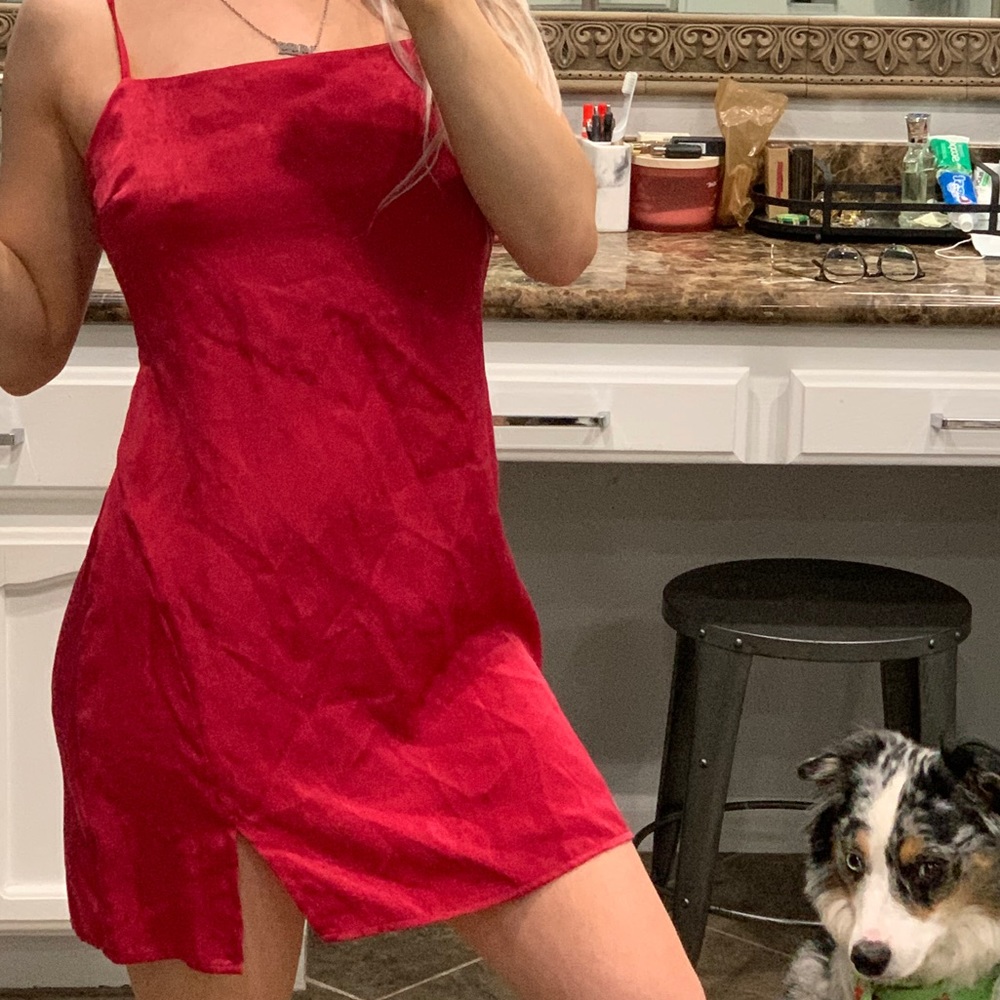 Satin Red Mini Dress with Thigh Slit